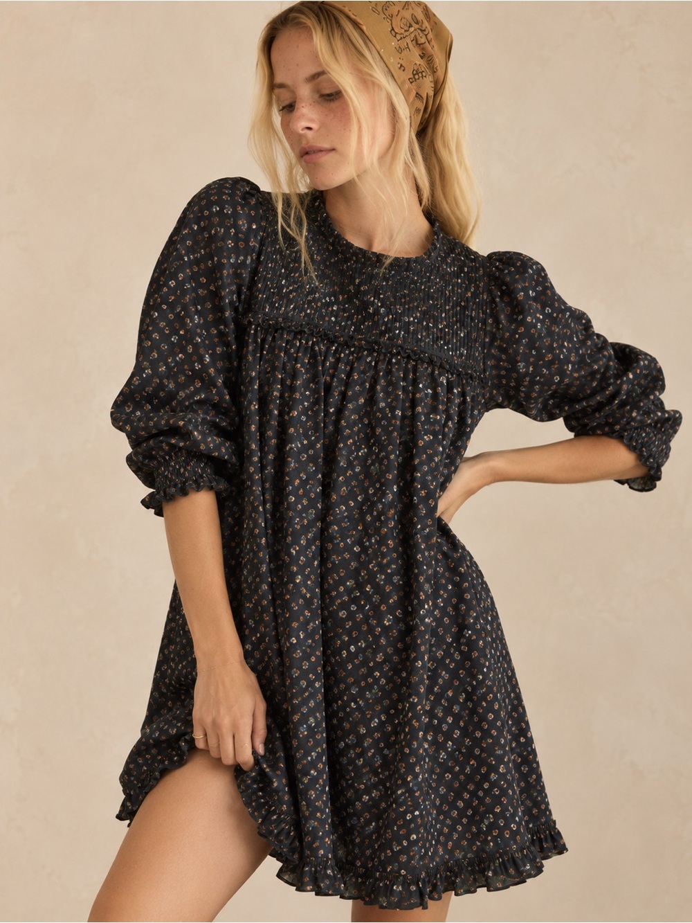 Doen Knoll Dress in Black Parc Monceau Ditzy Floral Print Long Sleeve Romantic